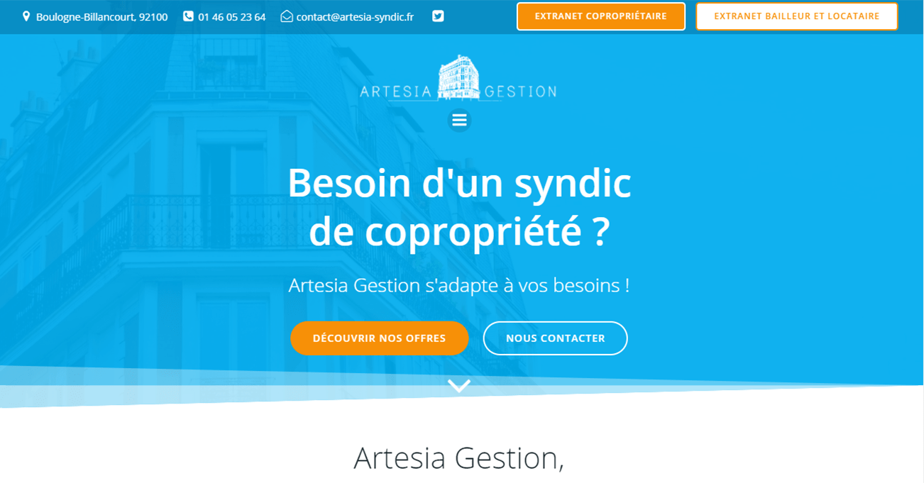 Homepage site web Artesia Gestion