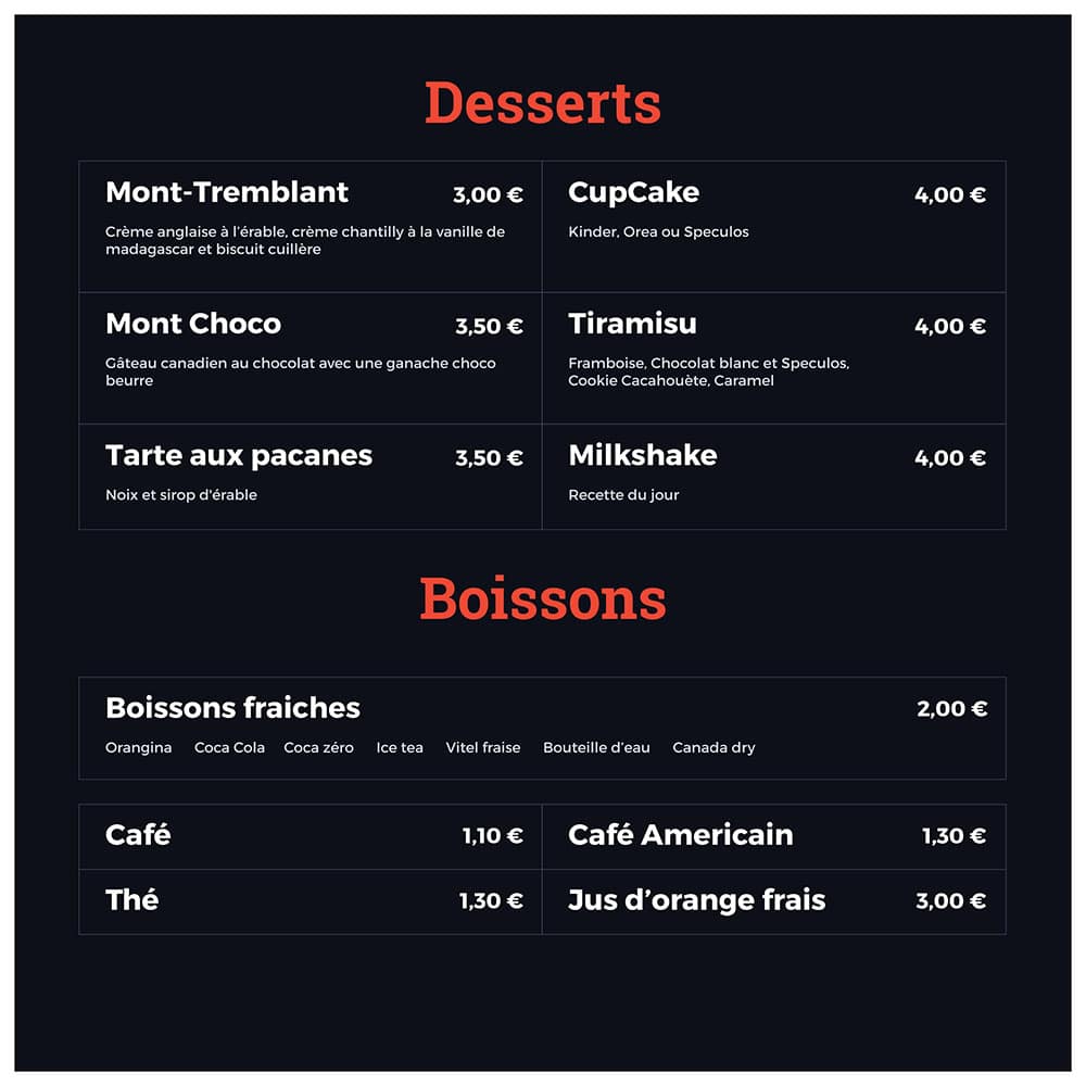 Affiche Desserts et Boissons de la devanture du restaurant l'Erable